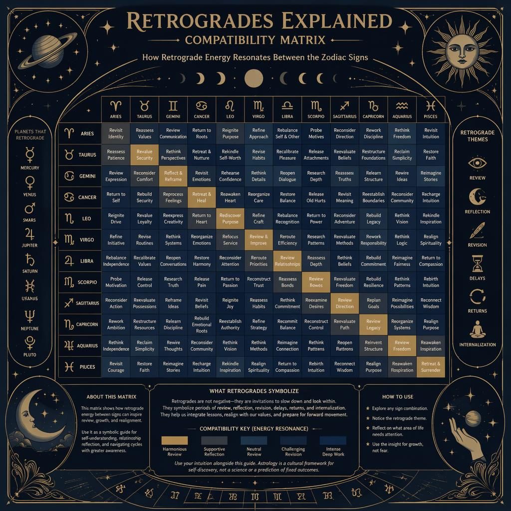 Art nouveau zodiac compatibility heatmap with 12 signs on both axes, deep blue and gold celestial motifs, legend, and wheel.