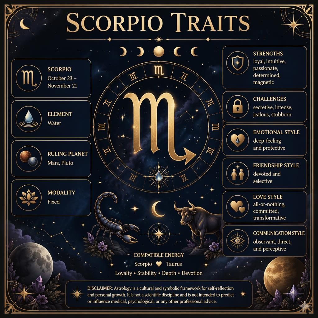 Infografía zodiacal de Escorpio en azul medianoche y dorado, con glifo, rueda zodiacal, estrellas y detalles celestiales.