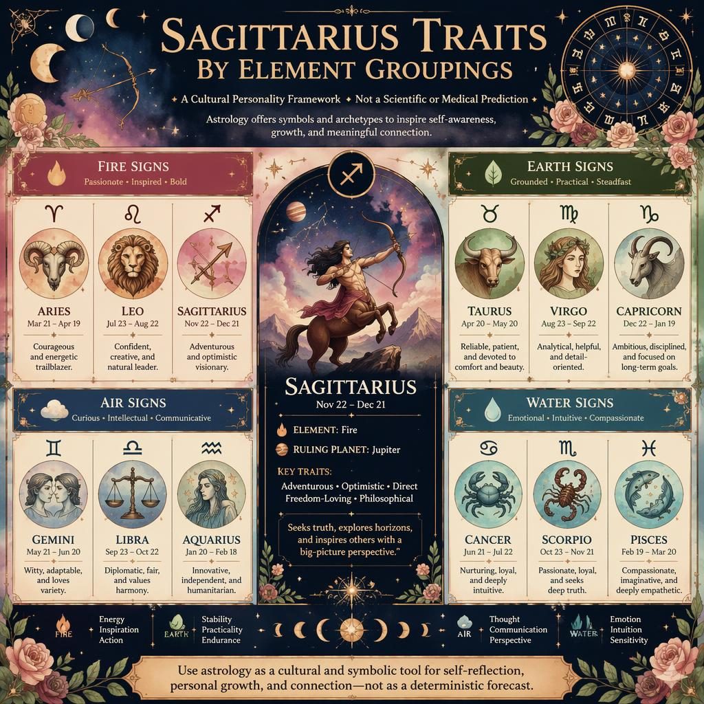 Infografía zodiacal en cuadrícula de 12 signos por elementos, con Sagitario destacado y motivos celestiales en acuarela.