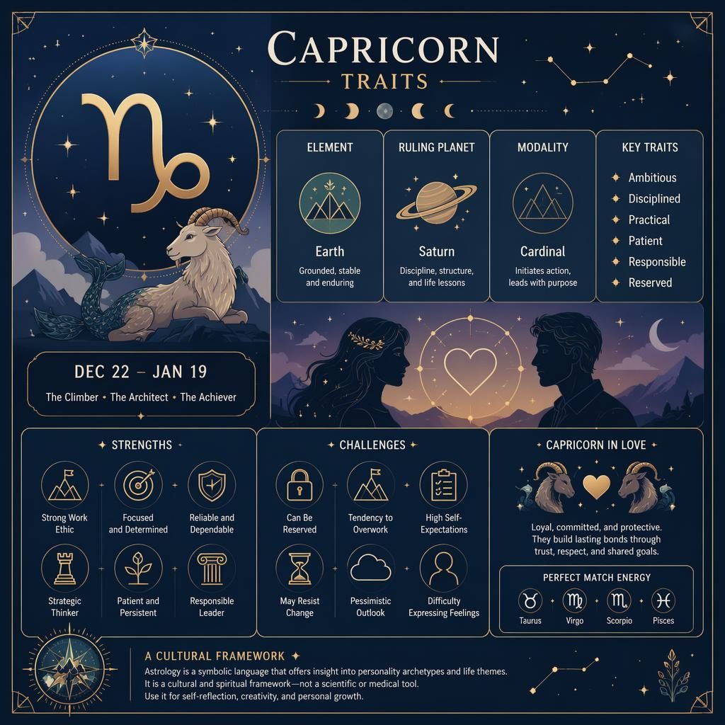 Capricorn traits infographic card with glyph, Dec 22–Jan 19, Earth, Saturn, stars, moon phases, and blue-gold panels.