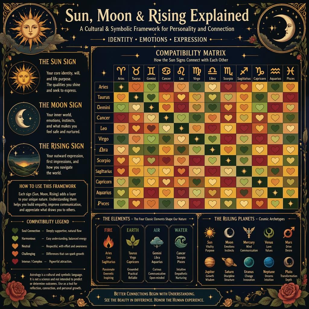 Infografía zodiacal art nouveau con matriz 12x12 de compatibilidad, rueda zodiacal, constelaciones y secciones Sol, Luna y Ascendente.