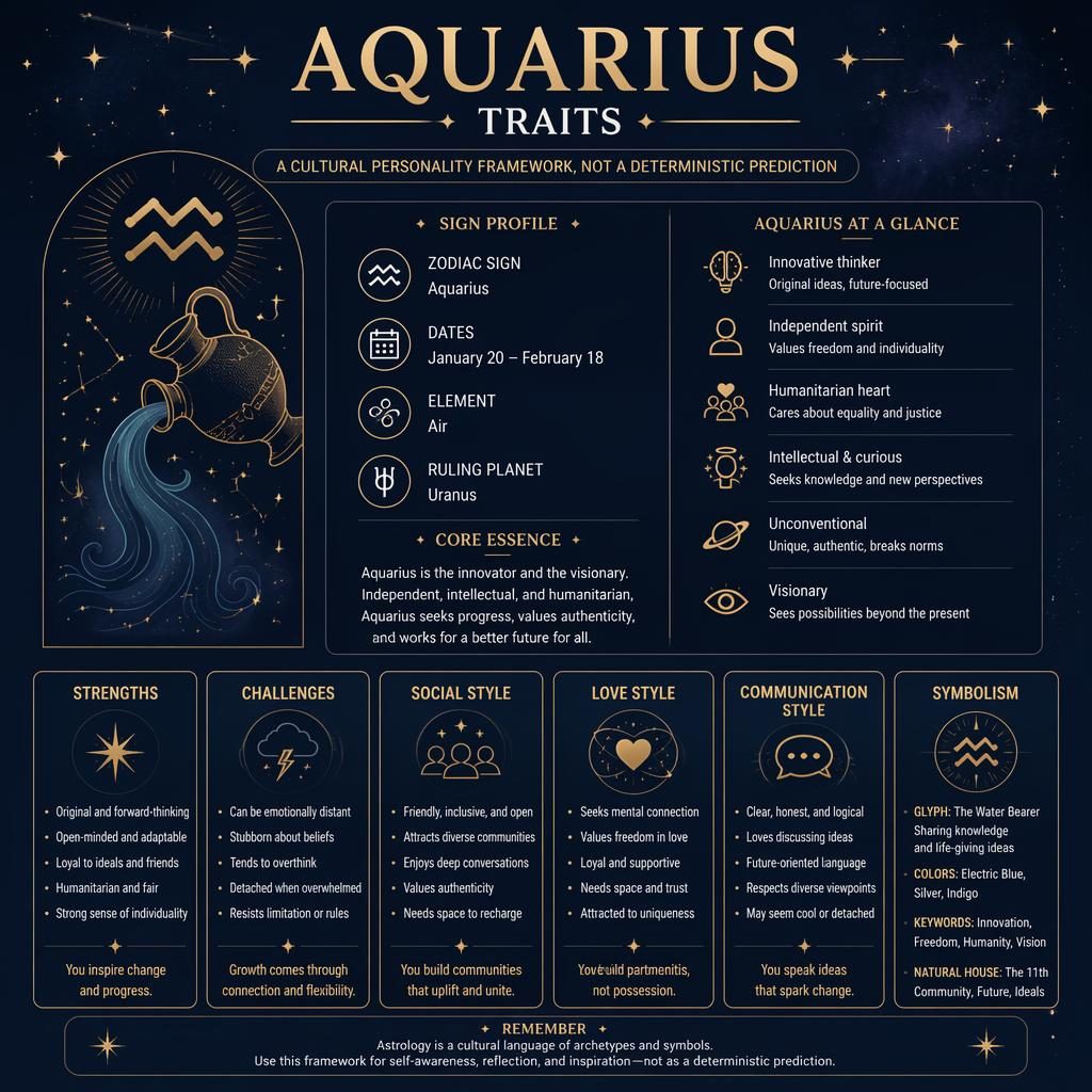 Infografía zodiacal minimalista de Acuario en azul medianoche y dorado, con glifo, rasgos, iconos celestes y secciones.