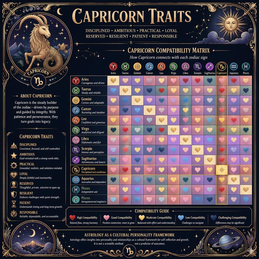 Art nouveau Capricorn traits infographic with 12x12 zodiac compatibility heatmap, celestial borders, deep blue and gold palette.