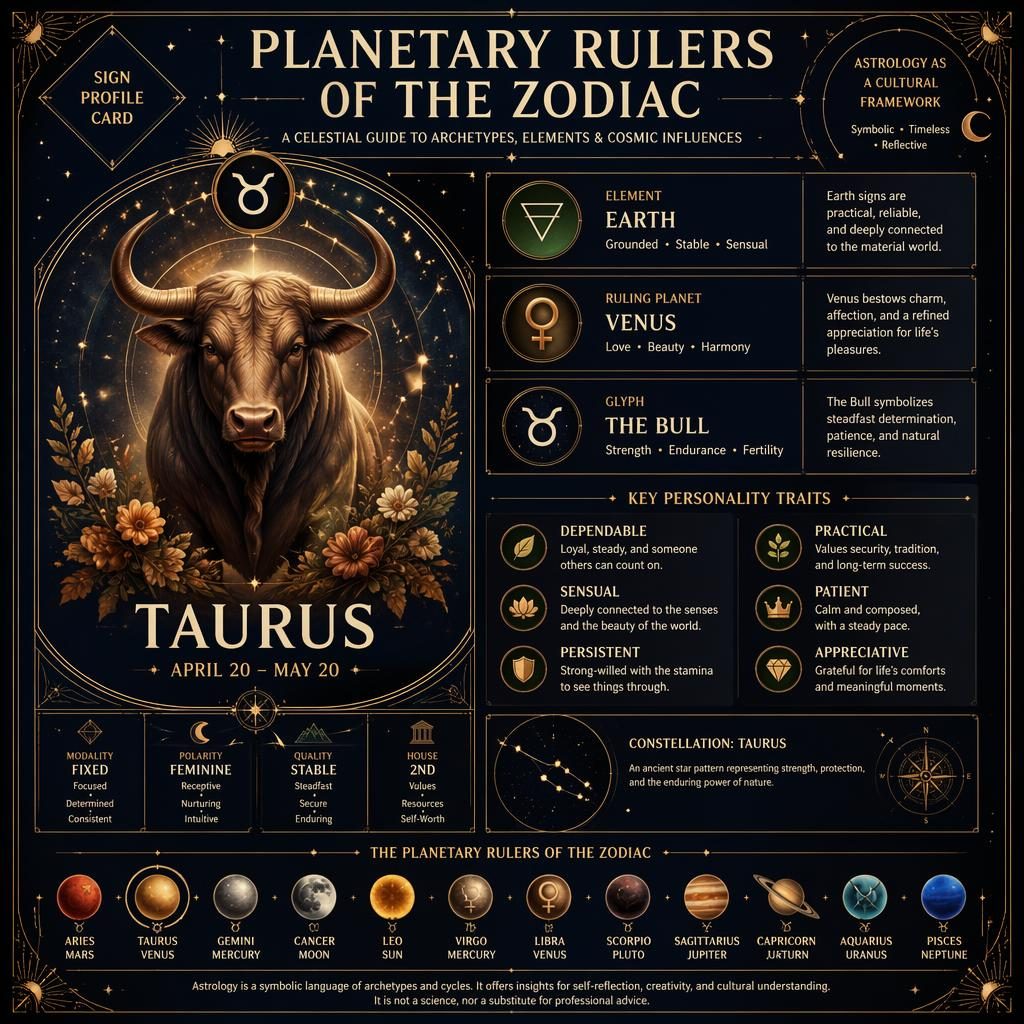 Astrology infographic card titled Planetary Rulers of the Zodiac with glyphs, dates, elements, ruling planets, and gold celestial motifs.