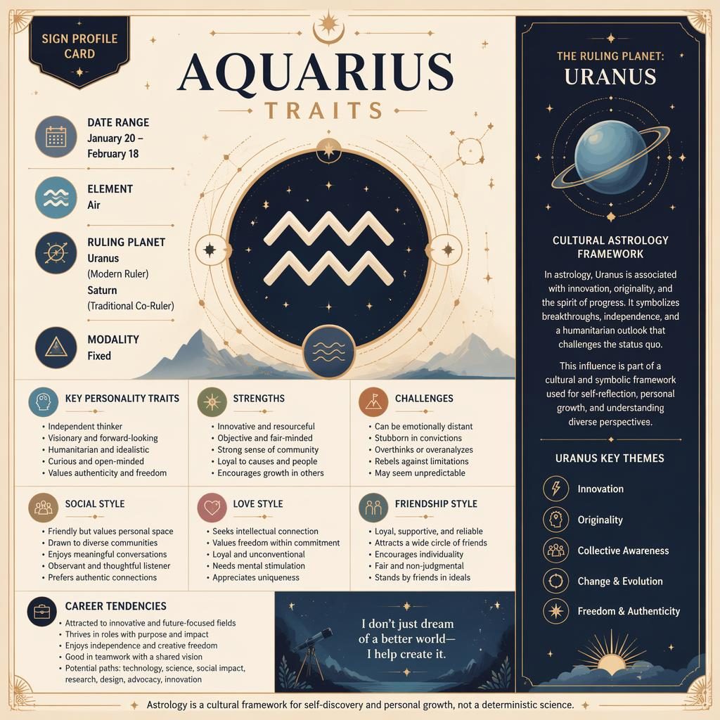 Minimal flat infographic card titled Aquarius Traits with Aquarius glyph, dates, traits, stars, orbit lines, and gold accents.