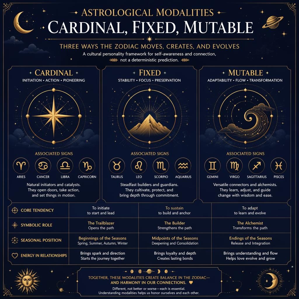 Infographie astrologique bleu nuit et or comparant les modalités cardinale, fixe et mutable avec signes du zodiaque.