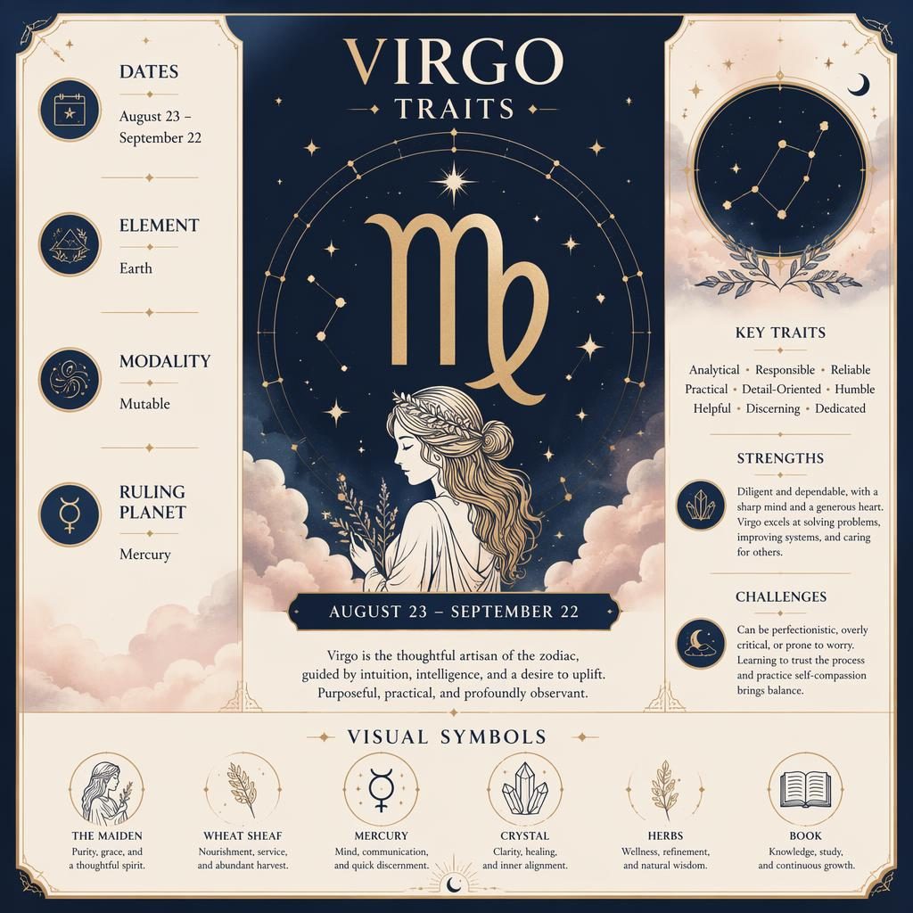 Editorial Virgo traits infographic with centered Virgo glyph, constellation accents, dates, element, ruling planet, and trait sections.