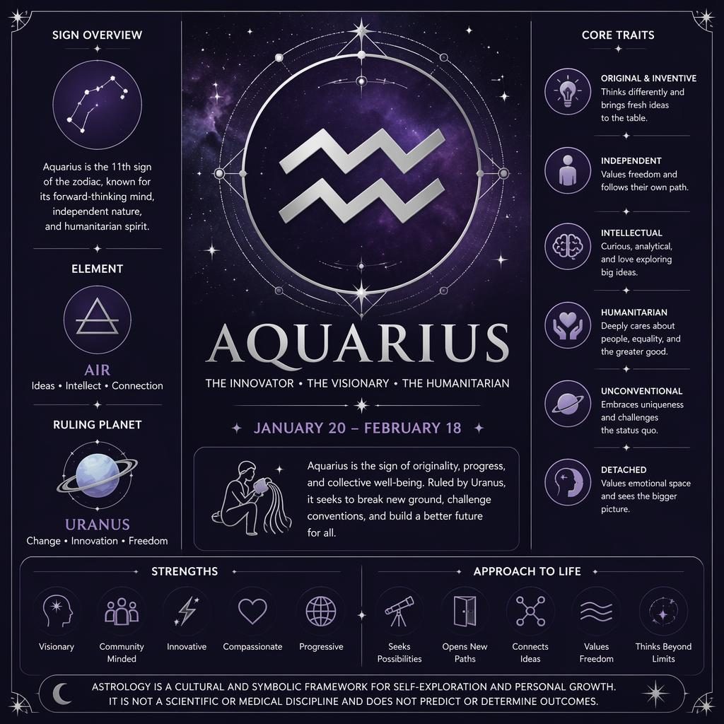 Deep purple Aquarius traits infographic with silver glyph, Uranus, date range, element, and personality icons on a space background.