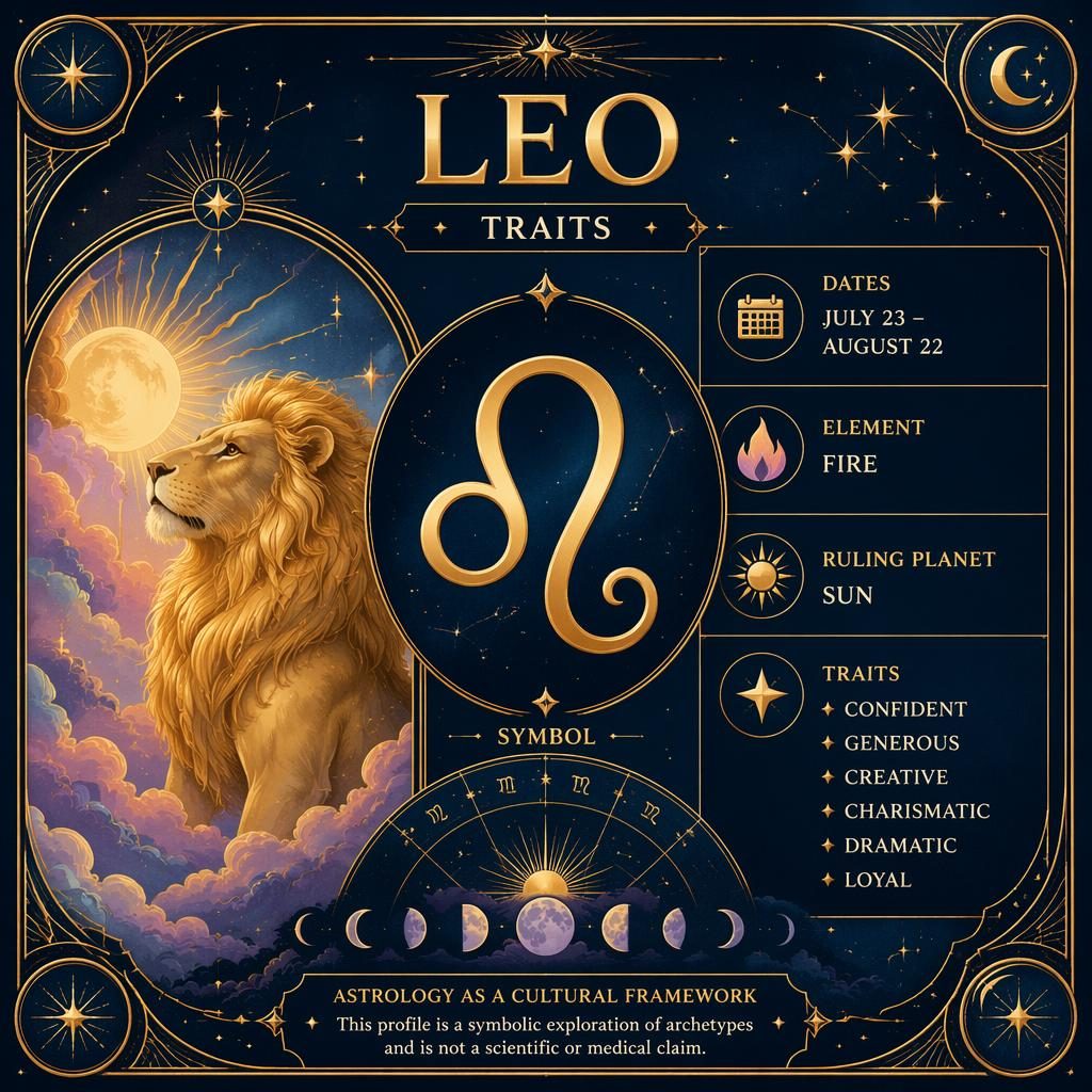 Art deco zodiac infographic card for Leo with gold glyph, dates, Sun ruling planet, fire element, traits, and celestial motifs.
