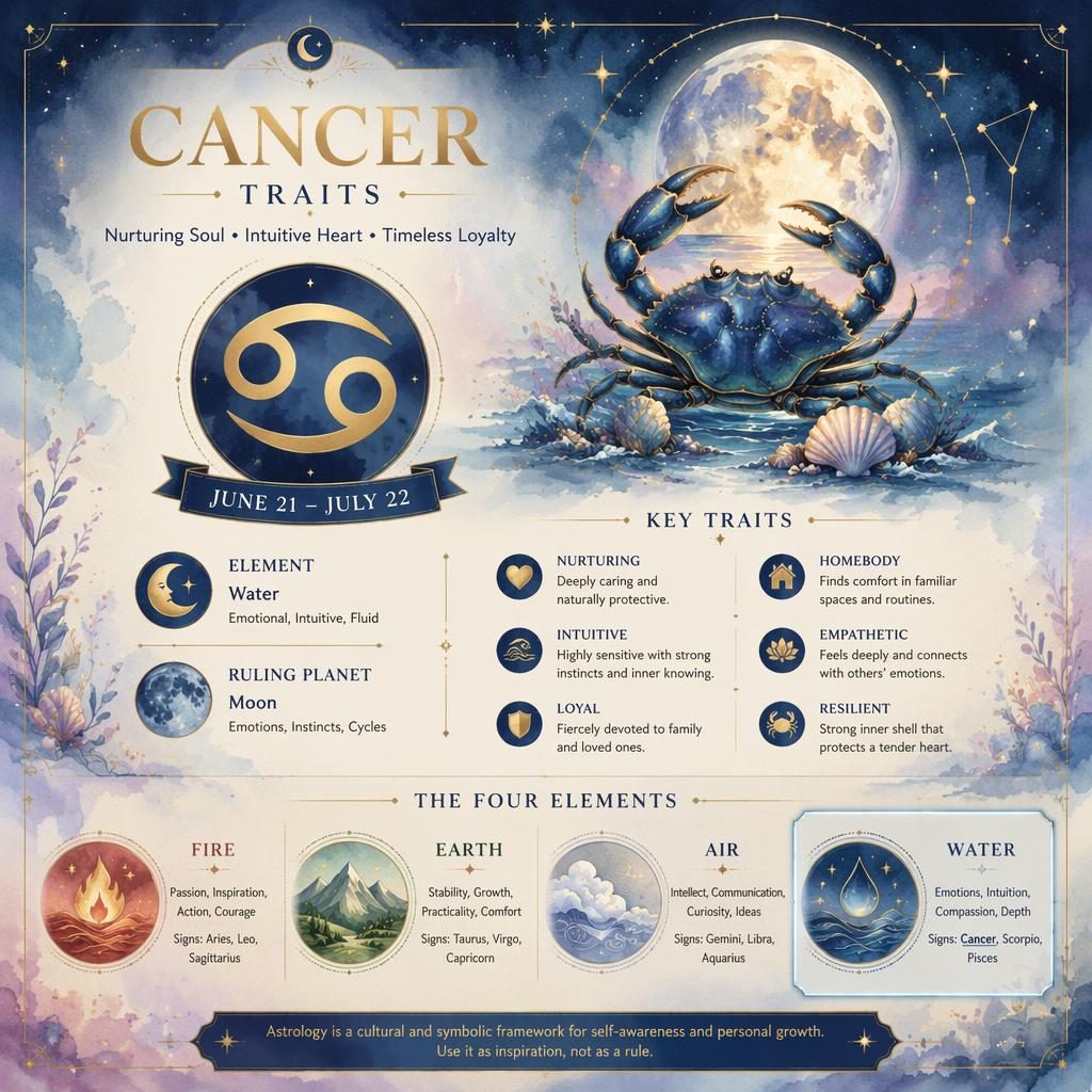 Mystical watercolor zodiac report infographic showing Cancer traits, Cancer glyph, dates, Water element, Moon ruler, and four elements.
