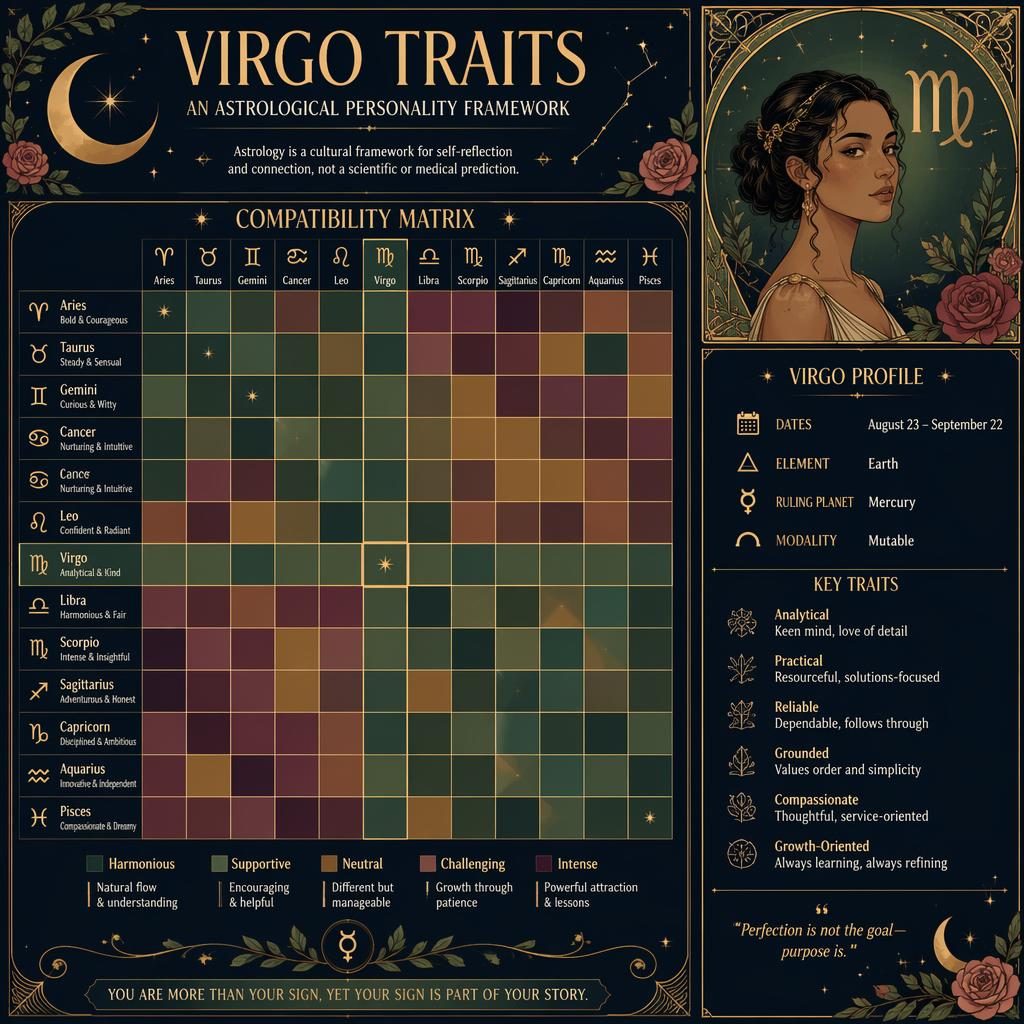 Art nouveau Virgo Traits infographic with 12x12 zodiac compatibility heatmap, Virgo sidebar, celestial motifs, and ornate borders.
