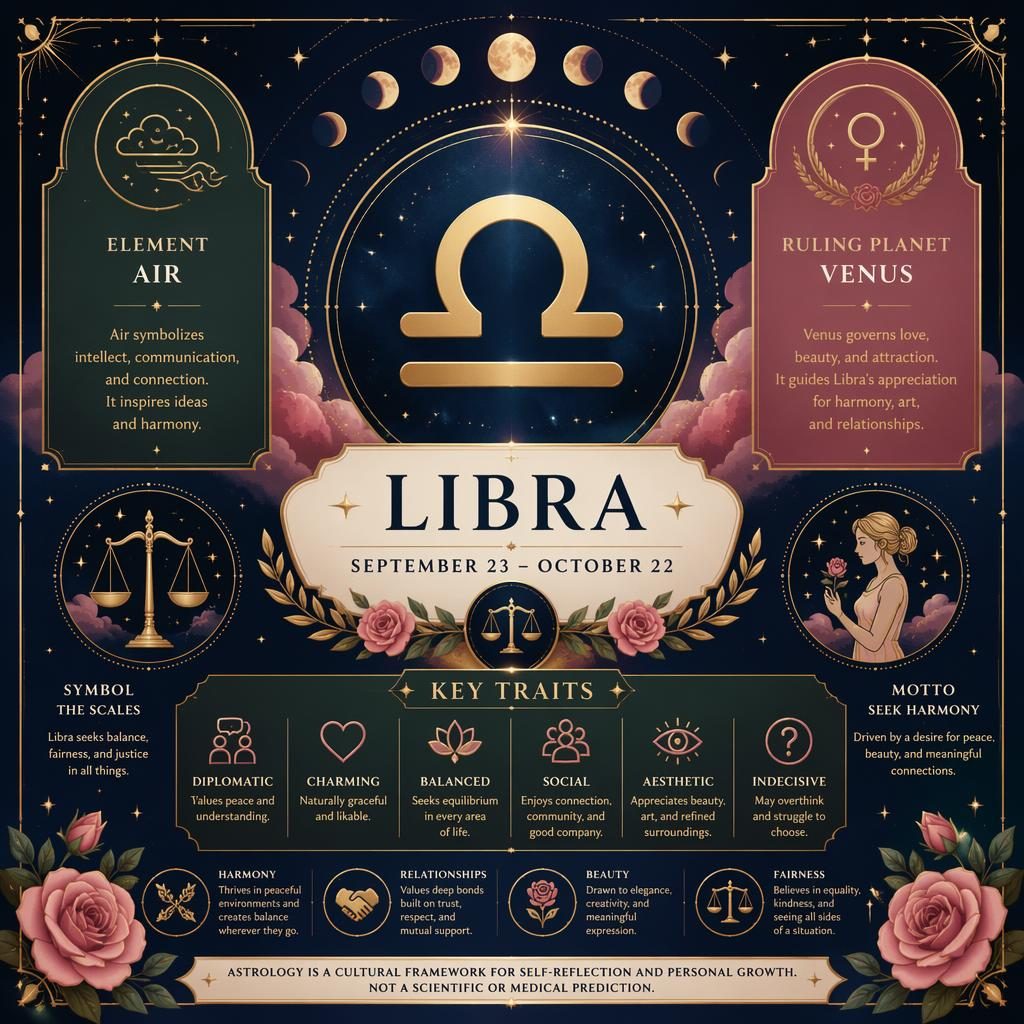 Pinterest-style Libra traits infographic with central Libra glyph, moon phases, zodiac motifs, and pastel celestial details.