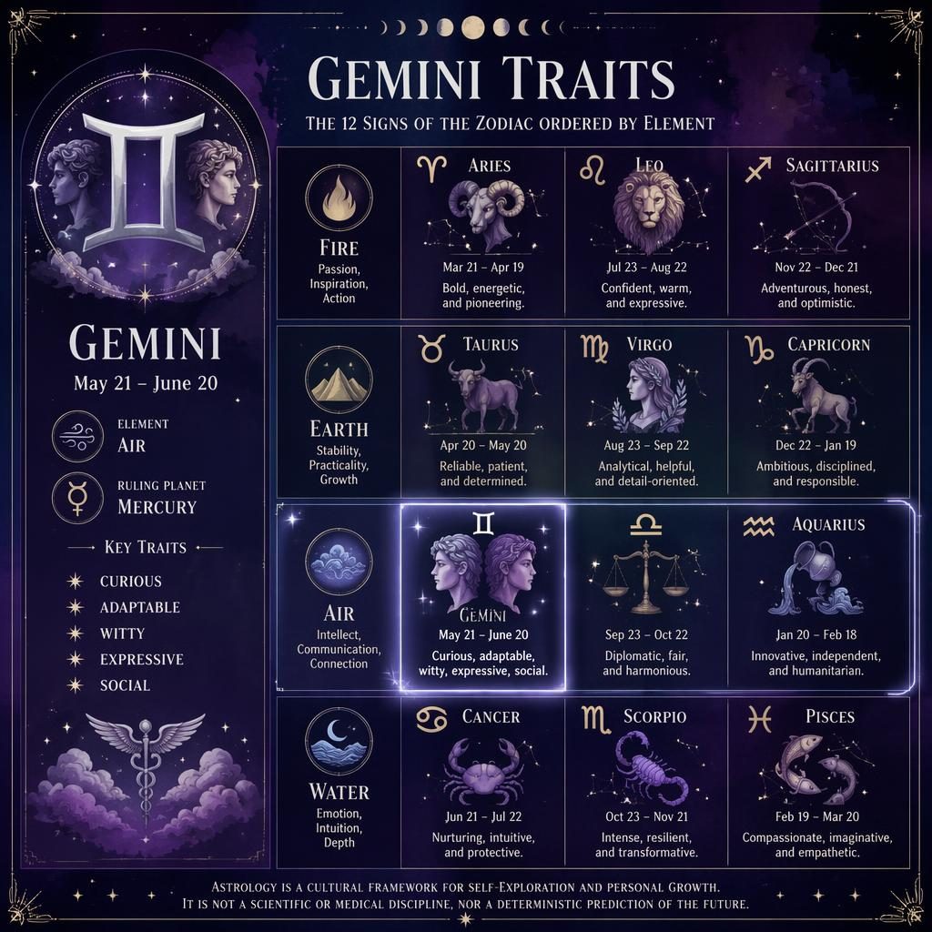 Gemini Traits zodiac infographic in a 12-sign element grid, deep purple and silver with celestial symbols and Gemini highlighted.