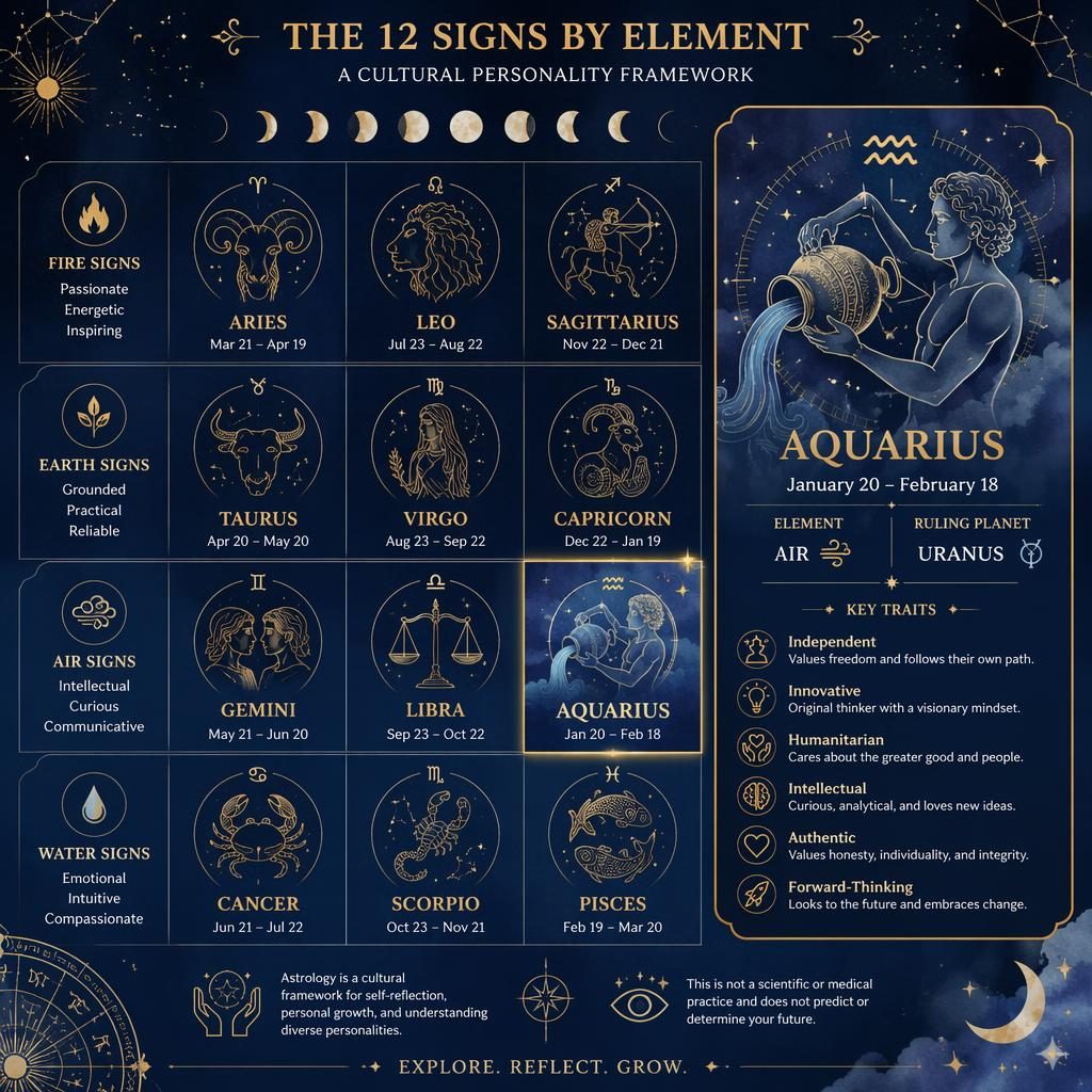 Aquarius Traits zodiac infographic with 12-sign element grid, Aquarius highlighted in deep blue and gold watercolor.