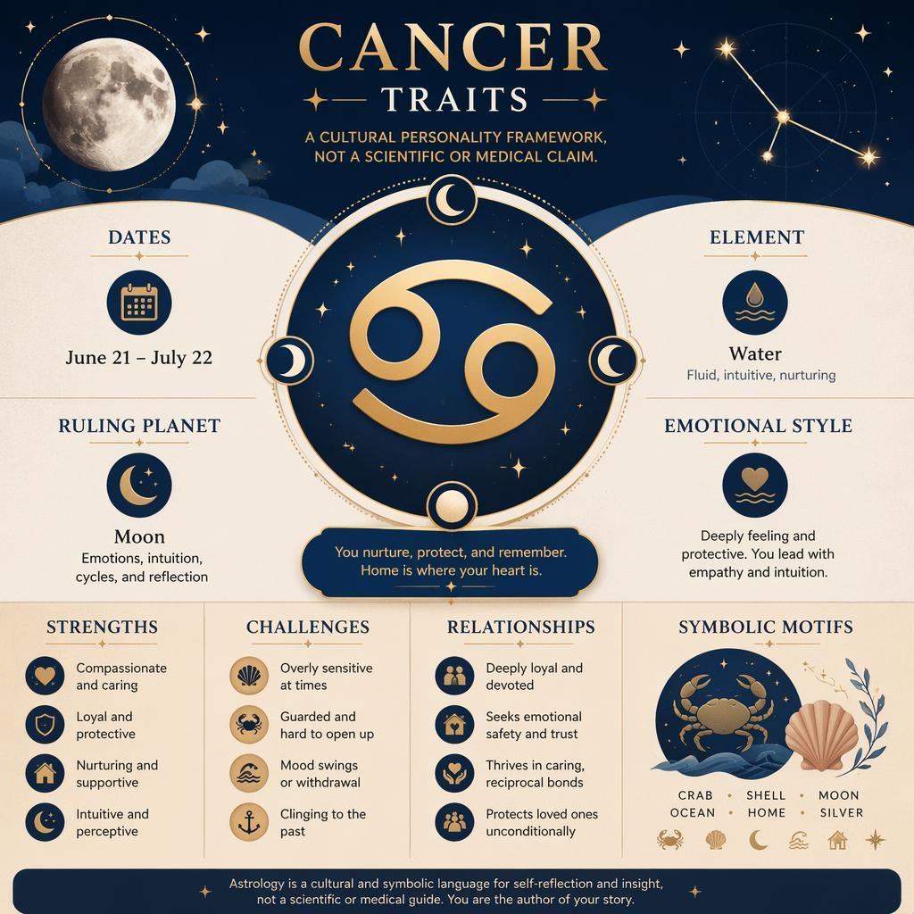 Minimal Cancer Traits zodiac infographic with blue and gold celestial icons, Cancer glyph, dates, Water element, Moon ruler, and trait sections.