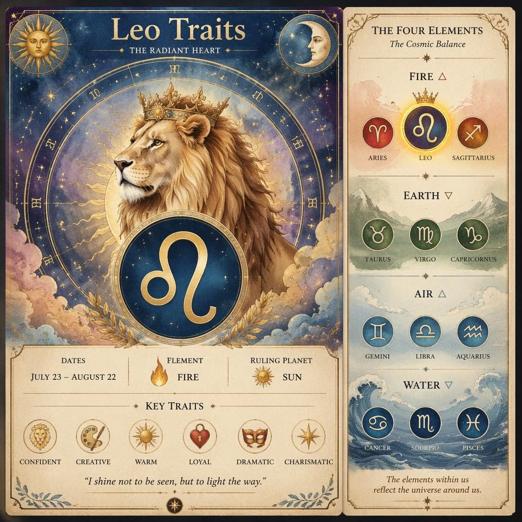 Watercolor Leo traits infographic with lion symbol, Leo glyph, zodiac wheel, Fire element panel, and pastel blue-gold celestial art