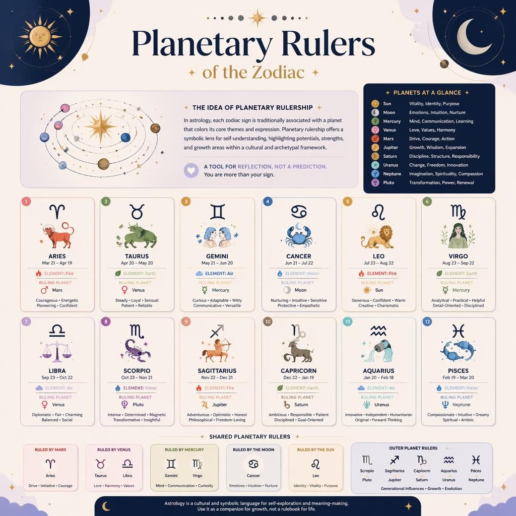 Pastel zodiac infographic showing all 12 signs, date ranges, elements, glyphs, and traditional ruling planets.