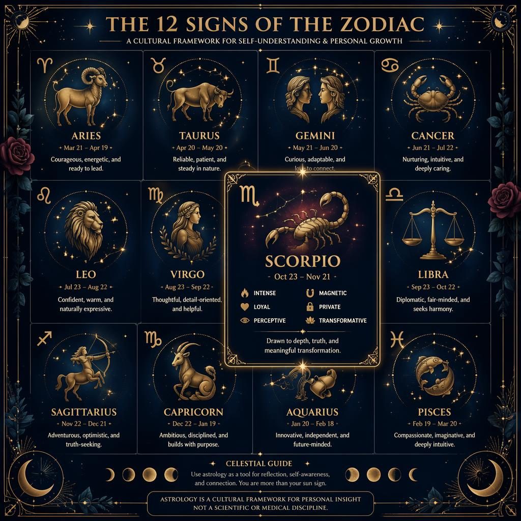 Celestial zodiac infographic in a 12-sign grid with Scorpio highlighted, deep blue and gold palette, constellations and glyphs.