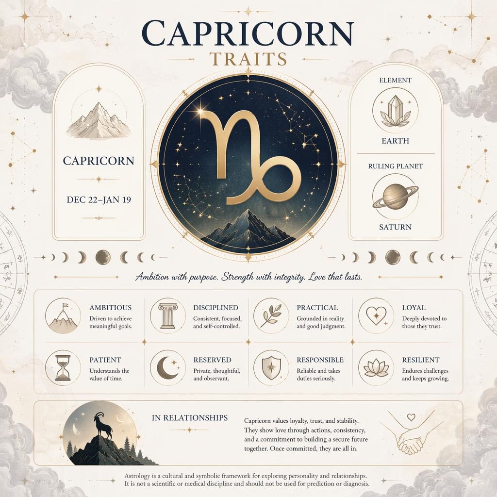 Infografía zodiacal Capricorn Traits con glifo central, fechas, rasgos, fases lunares y detalles celestes en beige y azul.
