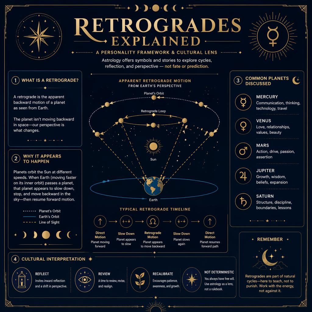 Deep blue and gold retrograde infographic with celestial diagram, orbit loops, planet names, timeline arrows, stars, and moon phases.