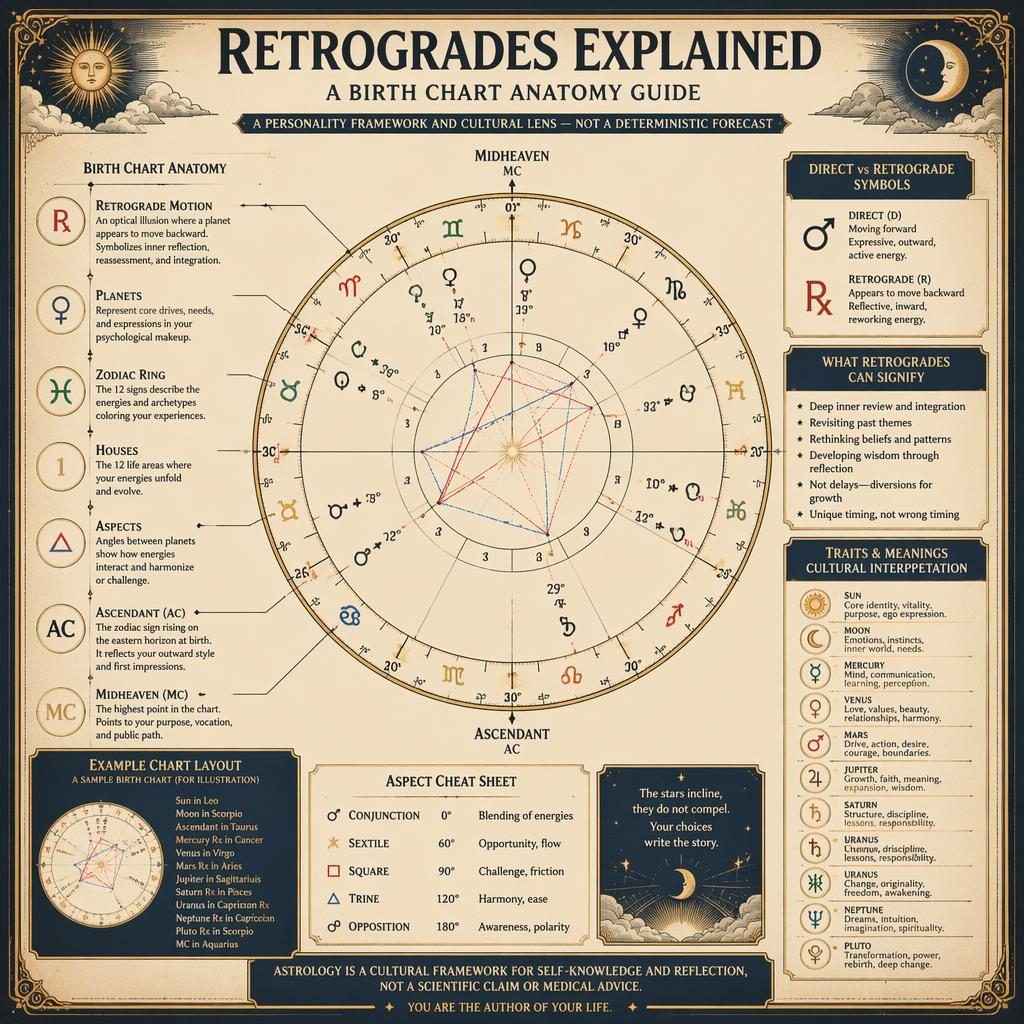 Vintage astrology infographic with a central birth chart wheel, retrograde anatomy labels, zodiac symbols, and traits panel.