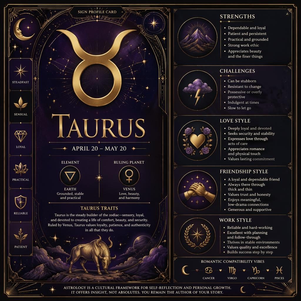 Infographie zodiacale Taureau style art déco, glyphe doré, palette violet profond, argent et or, sections traits, amour, amitié et travail.