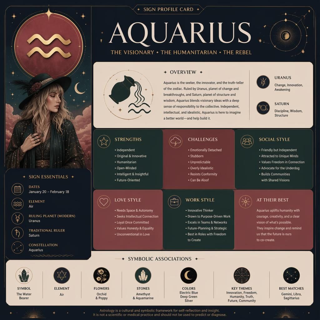 Flat editorial infographic titled Aquarius Traits with Aquarius glyph, dates, element, Uranus and Saturn, traits and celestial motifs.