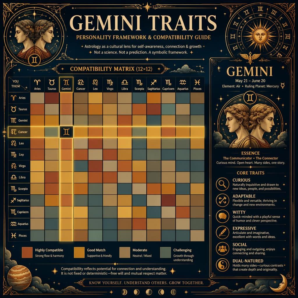 Mystical Gemini zodiac infographic with 12x12 compatibility matrix, highlighted Gemini row and column, and traits side panel.