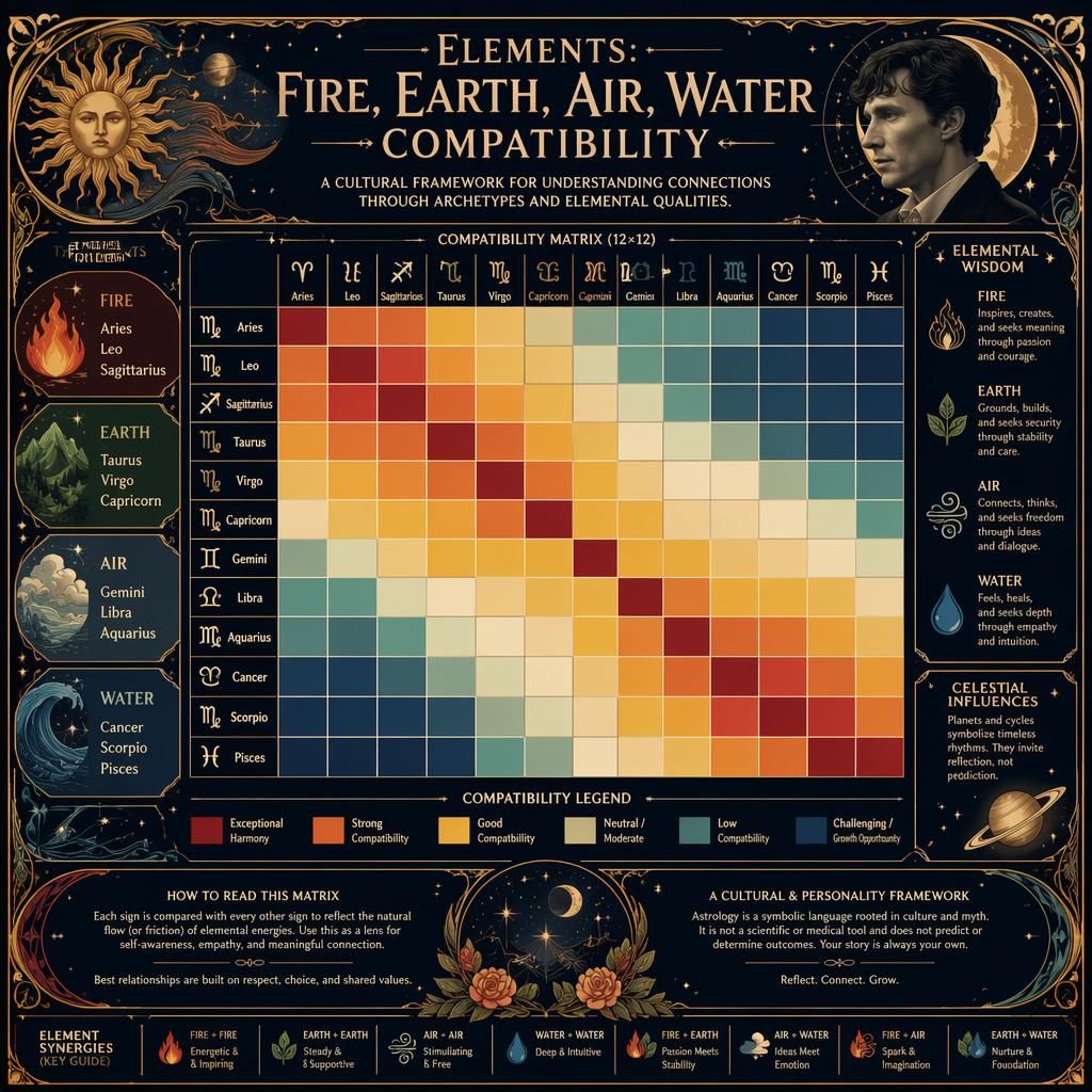 Art nouveau zodiac compatibility infographic with a 12x12 heatmap, elemental groups, celestial motifs, and blue-gold borders.