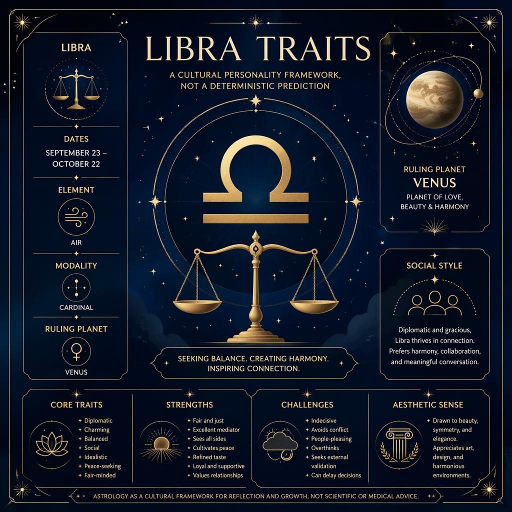 Midnight blue and gold Libra traits infographic with centered glyph, scales motif, constellation lines, stars, and profile sections.