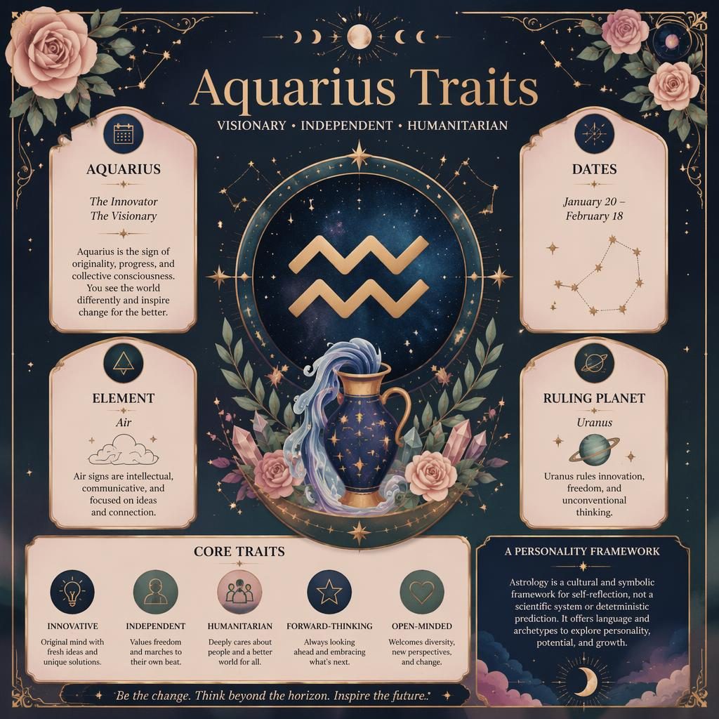 Aquarius Traits infographic card with centered glyph, dates, element, ruling planet, core traits, stars and moon phases.