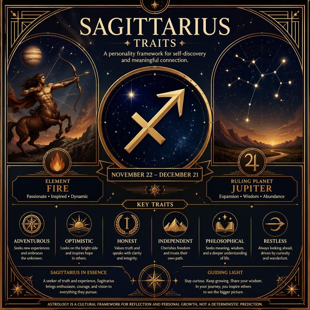 Art deco zodiac infographic card for Sagittarius with glyph, dates, Fire element, Jupiter, traits, stars, and gold borders.