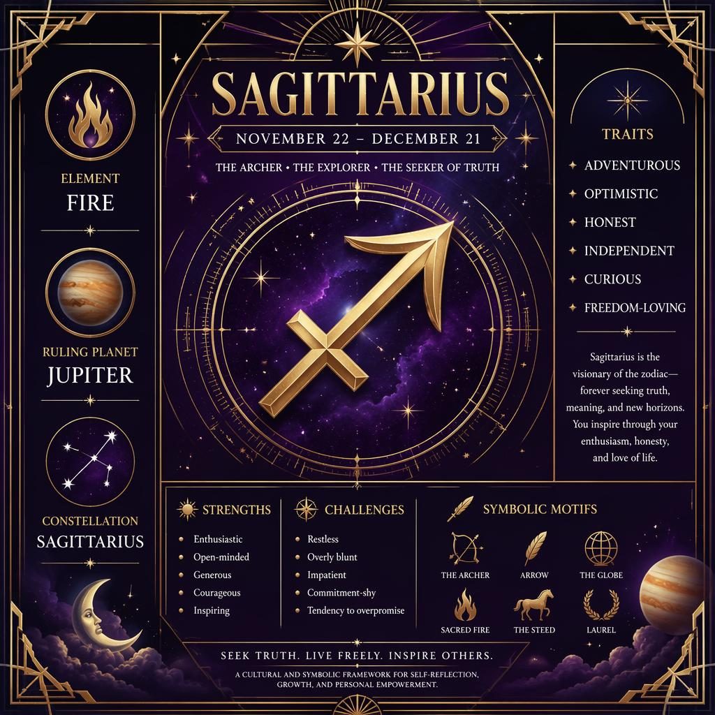 Art Deco Sagittarius infographic with central glyph, gold celestial frame, purple and silver star map, traits and labels.