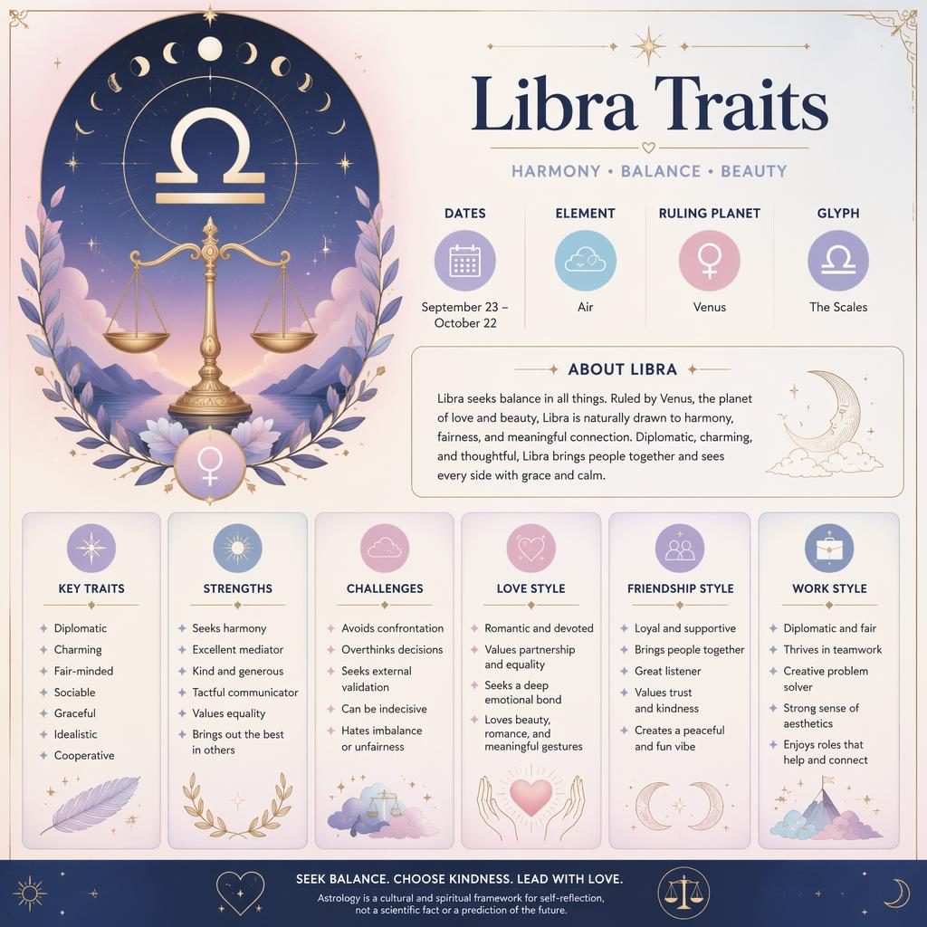 Infografía mística de Libra con glifo, fechas, elemento, planeta regente, rasgos y secciones sobre amor, amistad y trabajo.