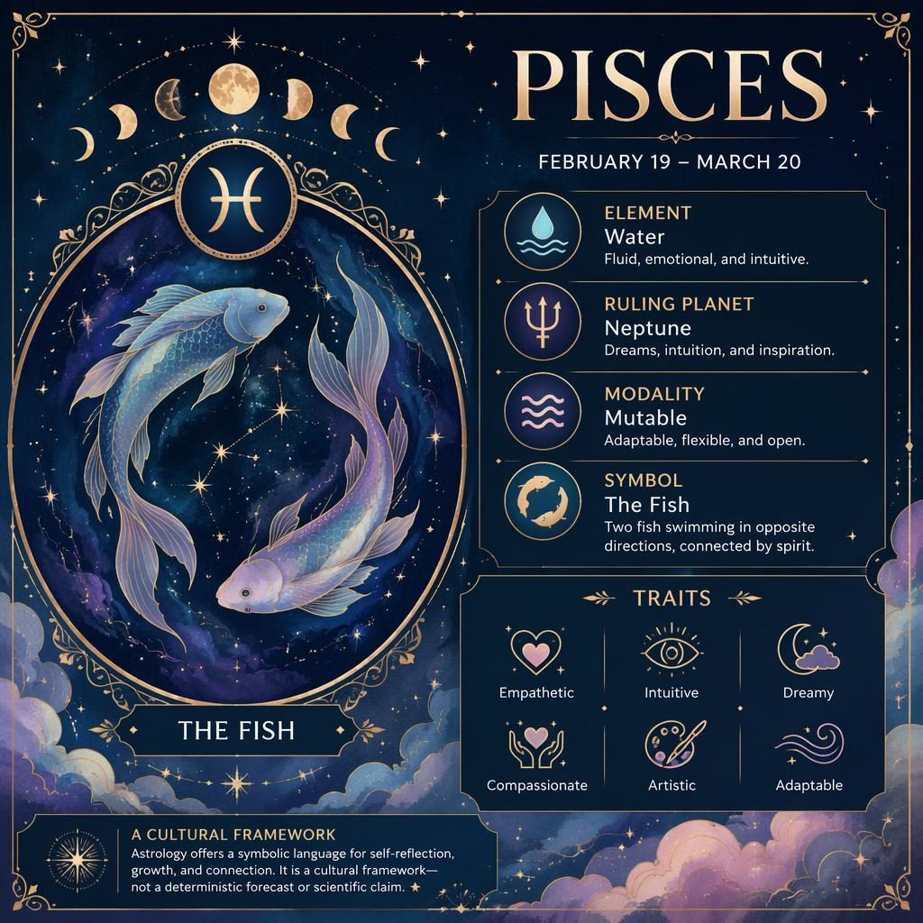 Pisces Traits infographic card in midnight blue and gold with Pisces glyph, star field, moon phases, and sign details.