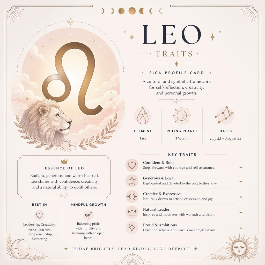 Pastel zodiac infographic with a large Leo glyph, Leo dates, element, ruling planet, traits, stars, moon phases, and gold accents.