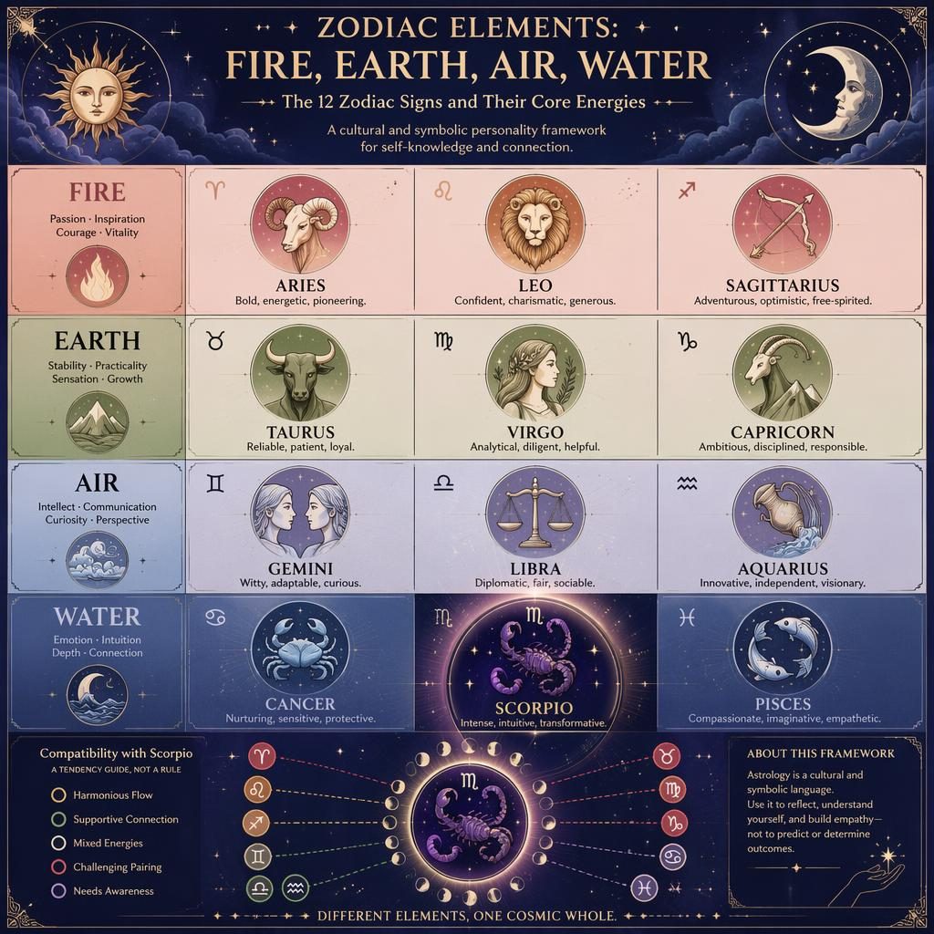 Infografía zodiacal editorial con 12 signos en cuadrícula por elementos, estilo celestial pastel y énfasis visual sutil en Scorpio.