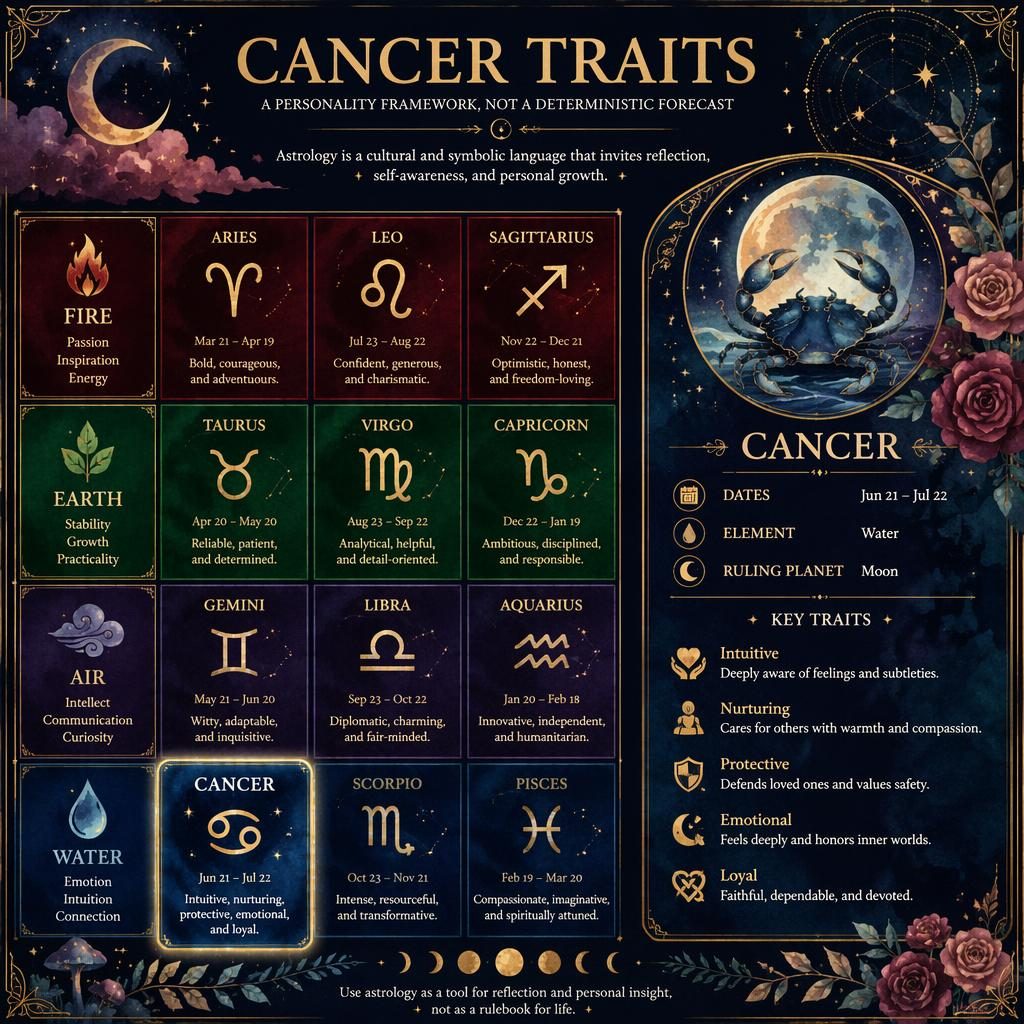 Watercolor zodiac infographic showing all 12 signs by element, with Cancer highlighted in the Water group.