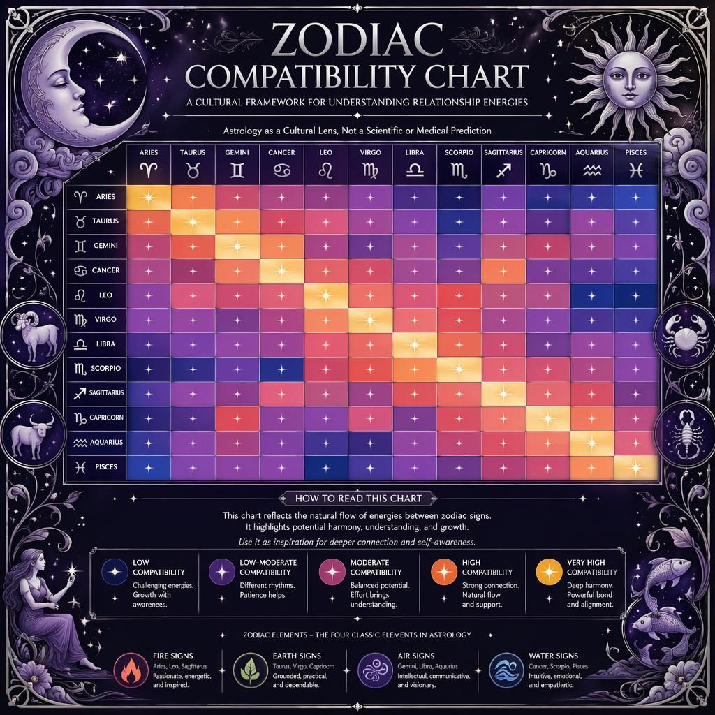 Art nouveau zodiac compatibility chart infographic with 12x12 heatmap, zodiac signs, celestial motifs, and purple silver grid.