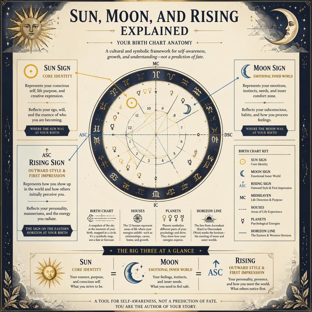 Vintage astrology infographic with a natal chart diagram labeling Sun, Moon, Rising, houses, planets, and horizon line.