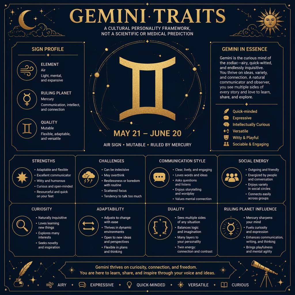 Infografía zodiacal de Géminis en azul medianoche y dorado, con glifo central, rasgos, iconos celestes y diseño plano.