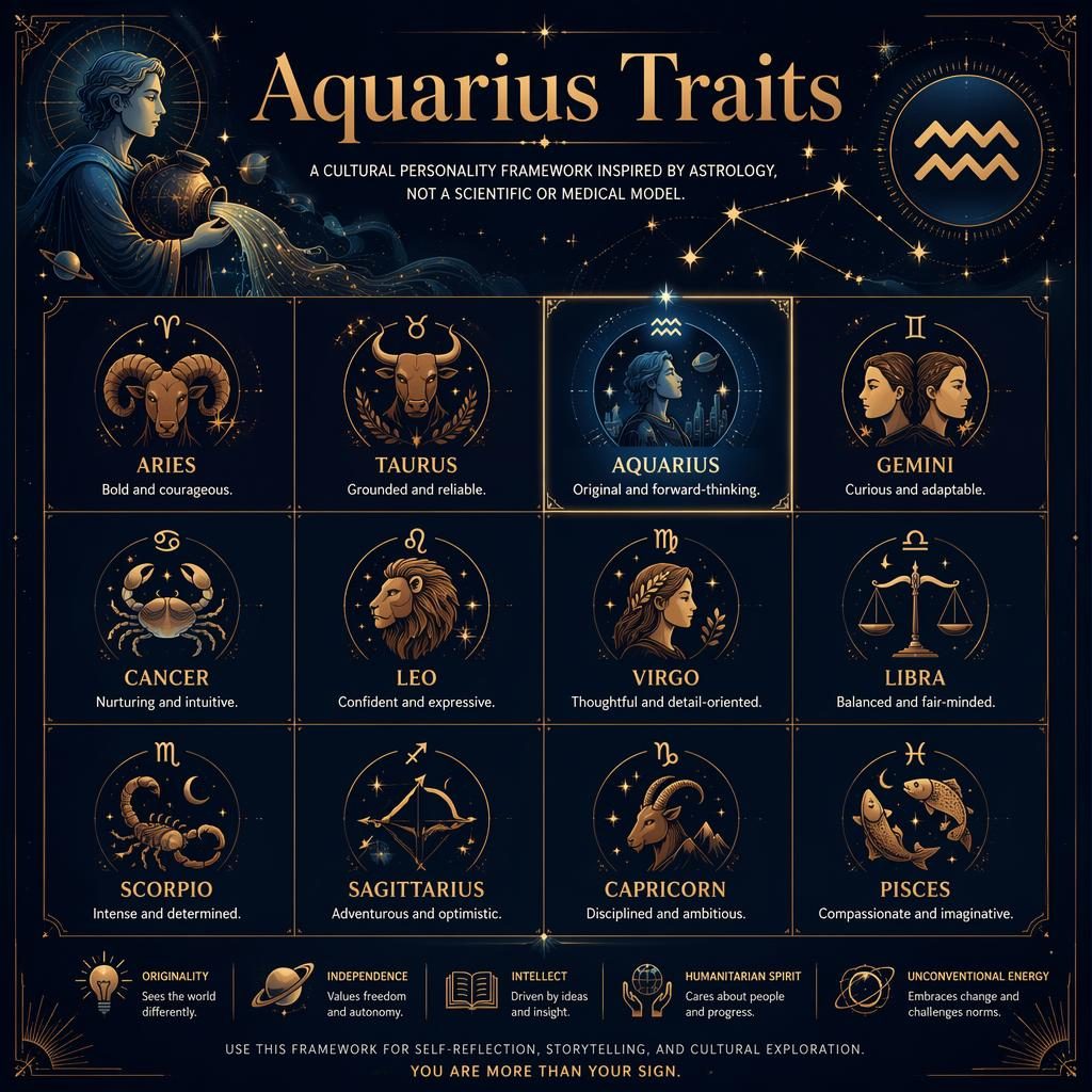Infografía zodiacal con cuadrícula de 12 signos, Acuario destacado, paleta azul profundo y dorado, constelaciones y rasgos en inglés.