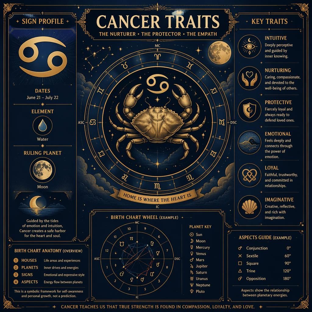 Vintage-style Cancer traits infographic with zodiac glyph, June 21–July 22, water element, moon, and blue-gold chart details.