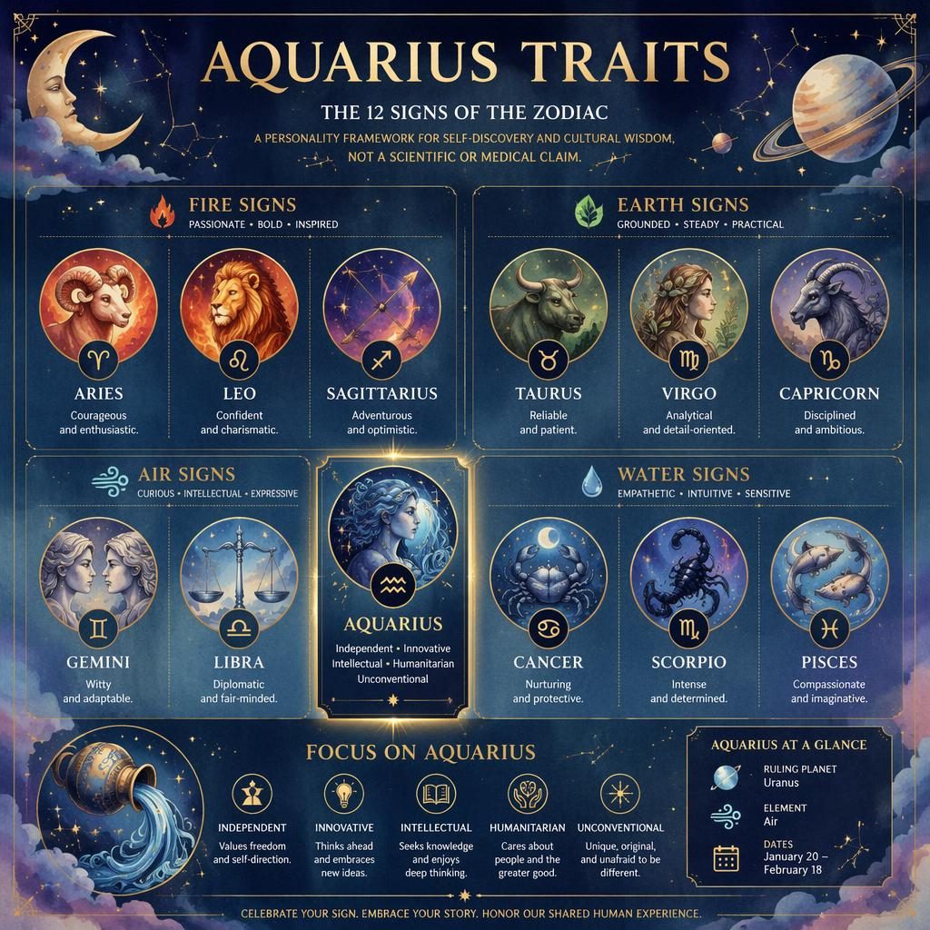 Infografía zodiacal en acuarela con 12 signos agrupados por elemento y Acuario destacado en Aire con notas y rasgos.