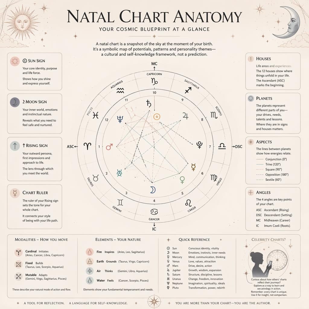 Editorial astrology infographic with a central birth chart wheel, zodiac glyphs, houses, planets, aspects, and English labels.