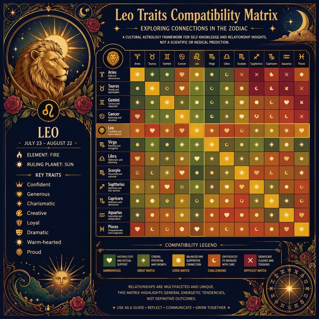 Infographie astrologique style Art nouveau : matrice de compatibilité 12x12 centrée sur le Lion, palette bleu profond, or, rose et vert forêt.
