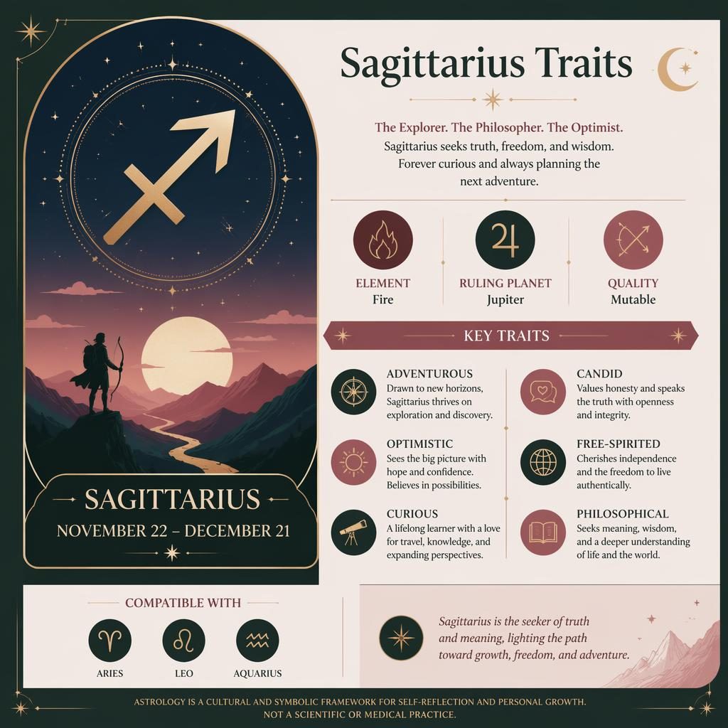 Minimal flat zodiac infographic card for Sagittarius with glyph, date range, element, Jupiter, traits, and celestial icons.