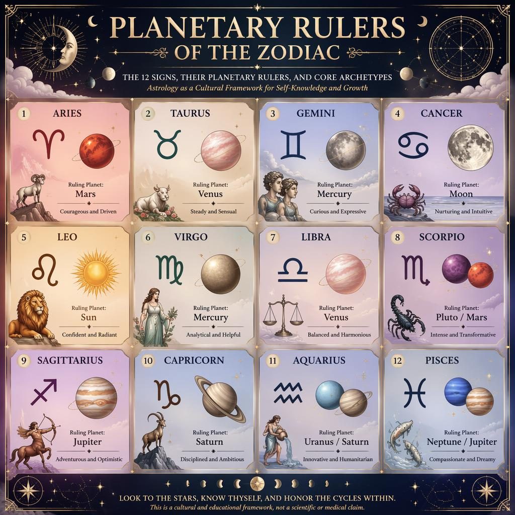 Celestial zodiac infographic in a 12-sign grid showing glyphs, ruling planets, traits, constellations, and moon phases.