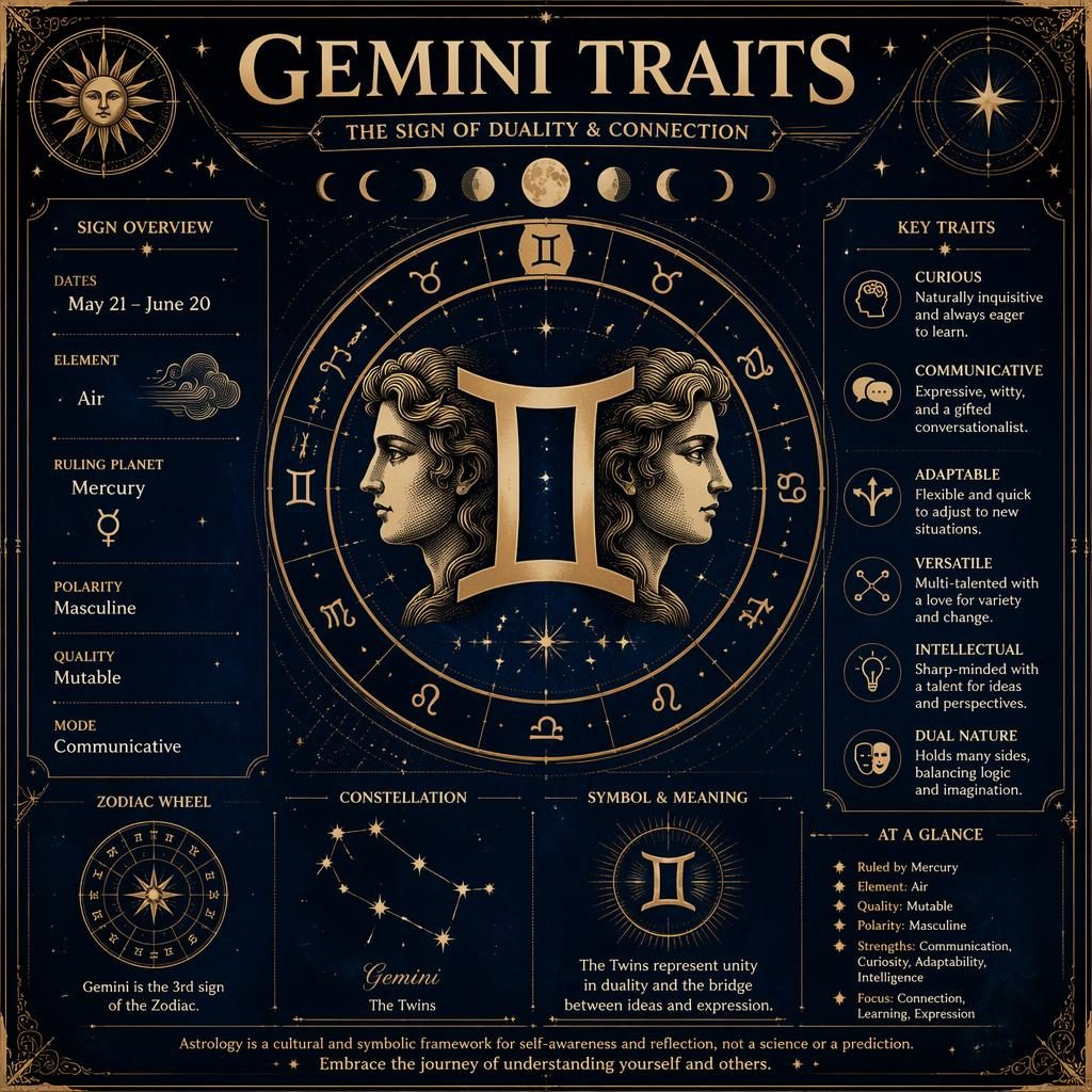 Vintage Gemini traits zodiac infographic in midnight blue and gold with twin glyph, constellation, zodiac wheel, moon phases.