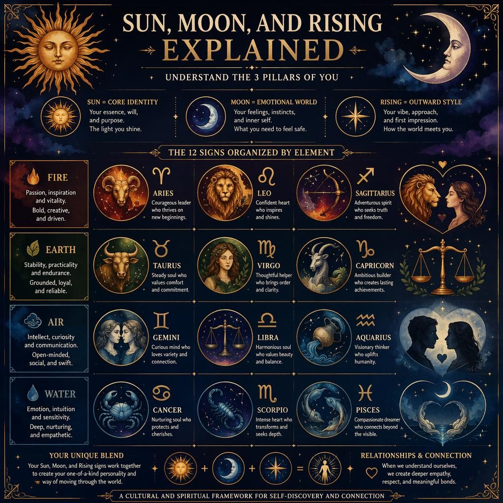 Infografía zodiacal en cuadrícula de 12 signos por elementos, con estilo acuarela azul medianoche y dorado celestial.